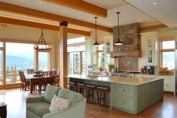 Fototapeta premium Modern Kitchen with Exposed Beams and Mountain Views