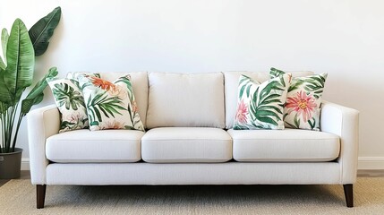 A stylish, light-colored sofa adorned with tropical-themed cushions, complemented by a green plant, set against a neutral wall.