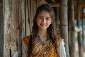 Fototapeta premium Asian woman smiling with confidence in rural village.