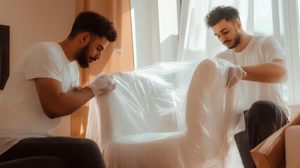 Fototapeta premium Loaders unload furniture in the house