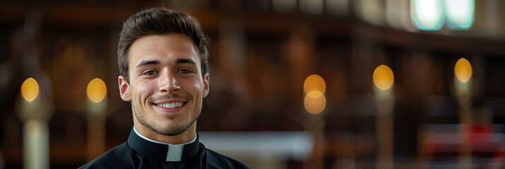 A male priest is in a Christian church.