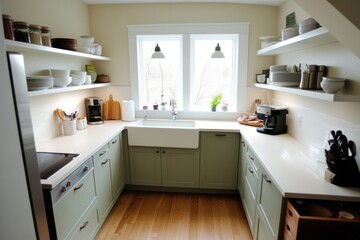 Fototapeta premium White Kitchen Sink with Green Cabinets and Wooden Floors