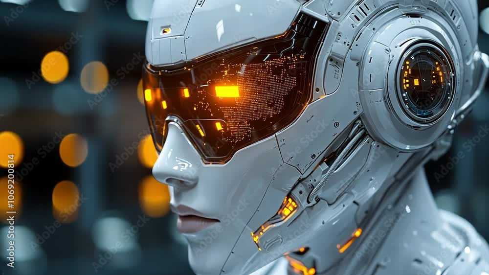 Poster futuristic humanoid robot with a glowing visor, highlighting advanced tech in a modern setting