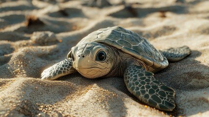 Obraz premium Remains of a baby green sea turtle partially buried in sand an impactful reminder of marine conservation challenges