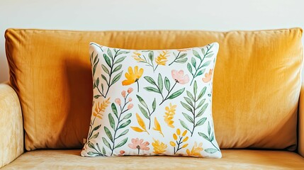 A vibrant floral pillow rests on a warm, yellow couch, adding a touch of color and style to the cozy living space.