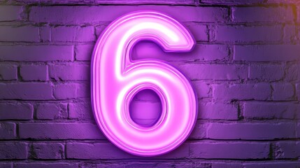 Glowing Number 6, Purple Neon Number Six Sign on a Brick Wall, 80s Style Synthwave 3D Illustration.