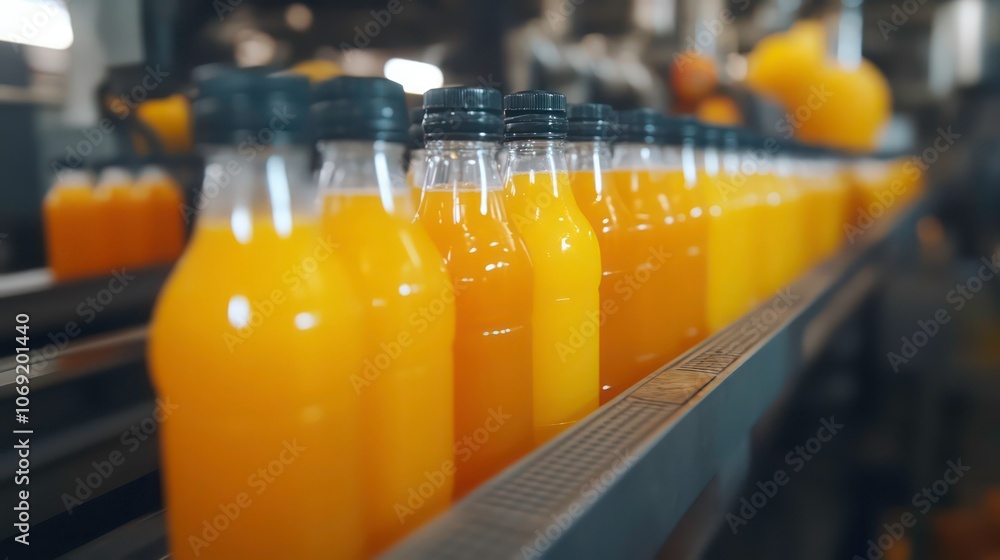 Poster bottles of orange juice on a production line in a factory setting.