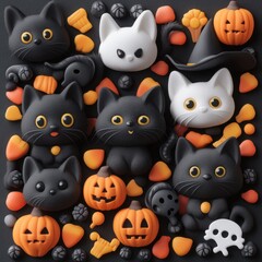 Assortment of halloween-themed cat figurines and decorations