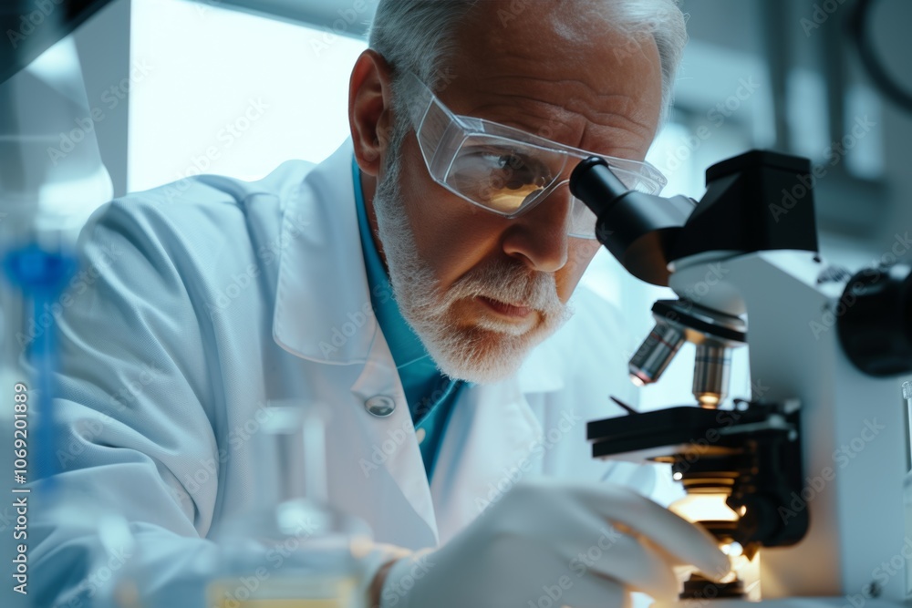 Poster a scientist examines samples through a microscope in a modern laboratory during the afternoon
