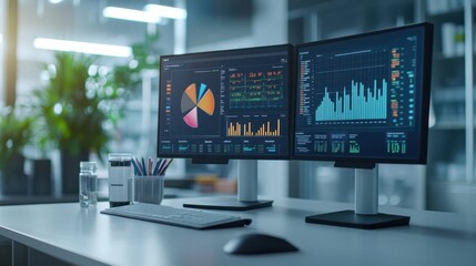 Fototapeta premium Dual monitor medical workstation displaying blood test analytics and patient demographics in charts and graphs, highlighting data clarity and organized healthcare workspace.