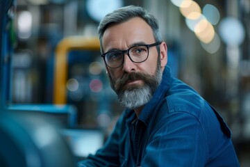 Obraz premium Man with glasses and a beard working in a busy industrial setting during the evening hours