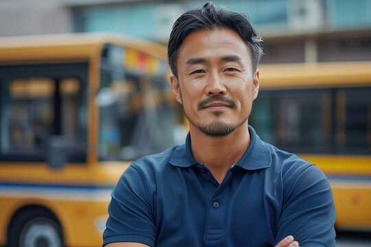 Caucasian male driver smiling with confidence, school bus