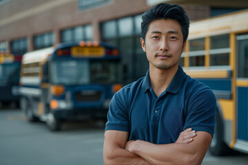 Fototapeta premium Caucasian male driver smiling with confidence, school bus