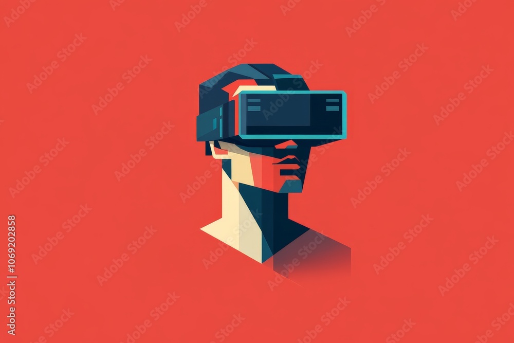 Poster stylized vr headset portrait on red background symbolizing virtual reality digital immersion and mod