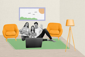 Composite trend artwork sketch image photo collage of family young woman man kids girl baby hand hello laptop meeting call furniture room