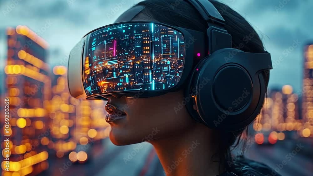 Poster exploring a futuristic virtual reality landscape in an urban setting at dusk