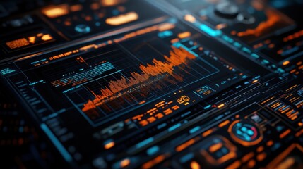 Obraz premium Futuristic digital display with vibrant graphs and data visualizations, showcasing analytics in a sleek interface.
