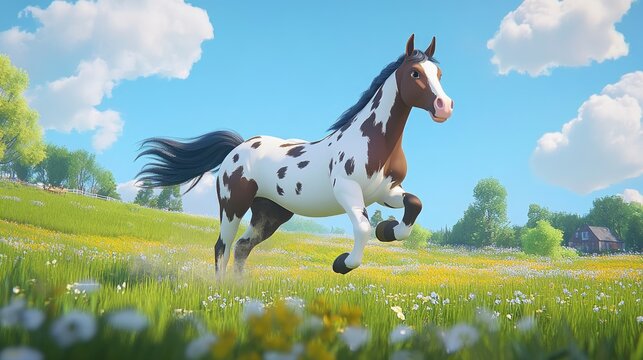 Stunning overo paint horse stallion galloping freely in a lush summer field equestrian photography