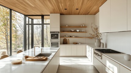 Modern kitchen with wood accents and a view of the trees outside