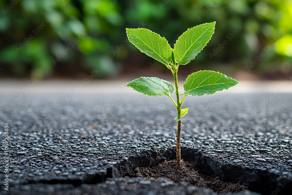 Poster tiny plant breaks through asphalt in a resilient display of nature