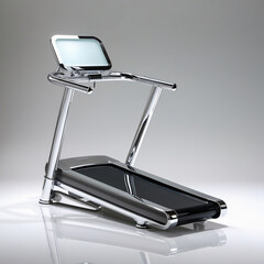 Glass sculpture of a treadmill with gradient gray base and frosted belt, sleek and modern design,...