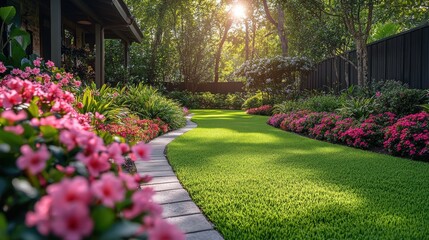 Fototapeta premium Beautifully landscaped garden with vibrant flowers and lush greenery during golden hour