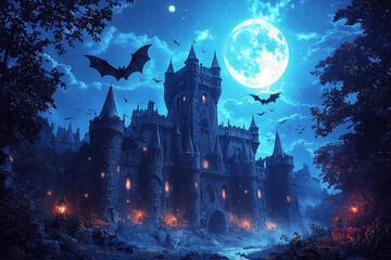 A moonlit castle shrouded in mist with bats flying overhead at night