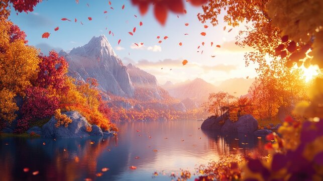 Impressive autumn landscape showcasing vibrant foliage at sunset ideal retreat by a tranquil mountain lake