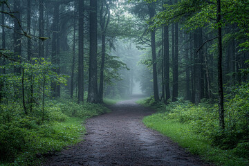 Obraz premium Misty forest pathway inviting exploration on a serene morning