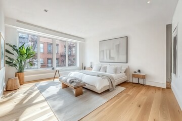 Fototapeta premium Bright and airy modern bedroom with large windows and minimalist decor in a contemporary apartment