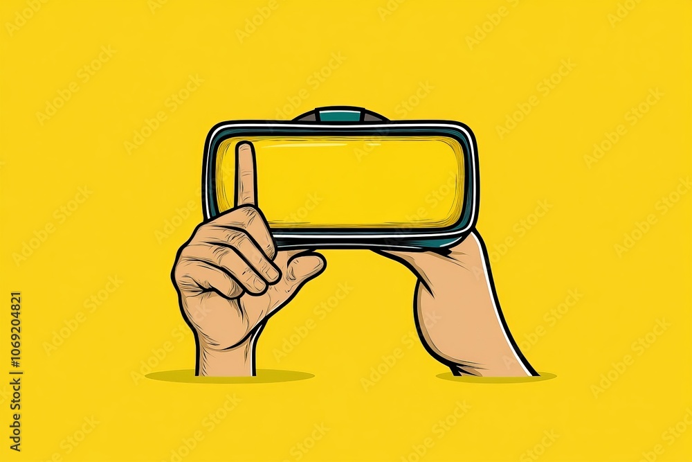 Poster hand holding yellow vr headset symbolizing tech simplicity virtual exploration and playful digital i