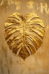 Golden monstera leaf. Decorative vertical print artwork, grunge background