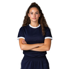 Fototapeta premium Female athlete with crossed arms in dark sports outfit on transparent background