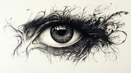 Abstract tattoostyle eye with swirling patterns, black ink, dark and mysterious