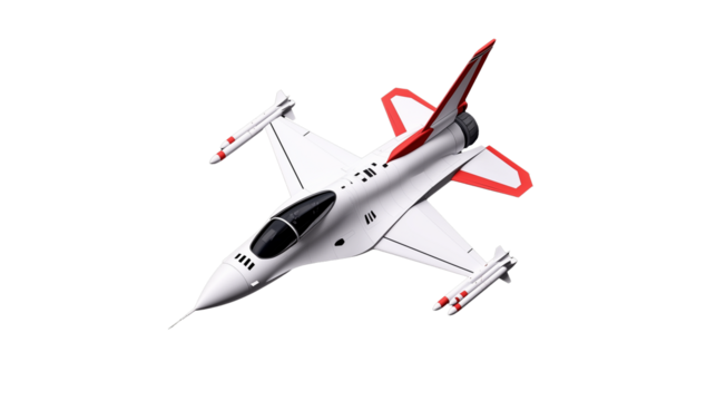 Small fighter jet model with red accents on transparent background