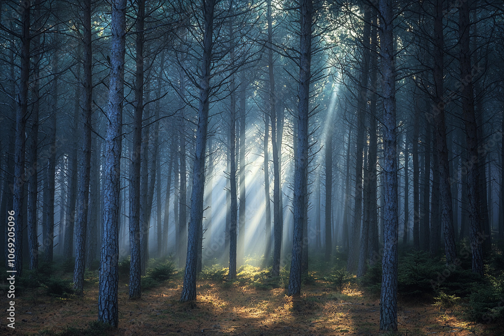 Poster sunlight breaking through pine trees in a serene forest setting
