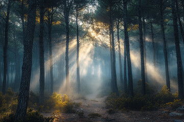 Fototapeta premium Misty forest with sunlight rays piercing through tall pine trees