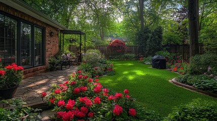 A vibrant garden in spring with blooming flowers and lush greenery in a tranquil backyard