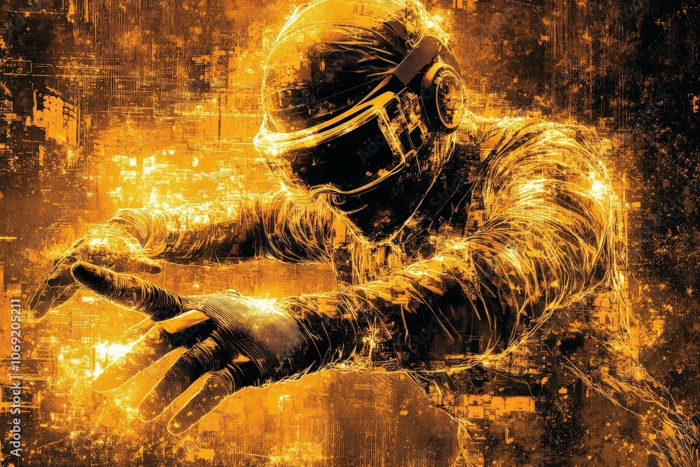 Poster glowing vr helmet in digital golden matrix symbolizing high tech innovation virtual immersion and fu