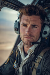 Obraz premium Caucasian male pilot is piloting a helicopter, in the cockpit.