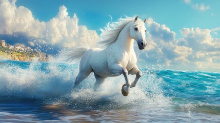 Majestic Camargue horse galloping through the shimmering waves of the sea capturing the essence of freedom and grace
