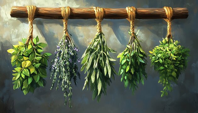 Bundles of herbs hanging on a wooden rod, including sage, rosemary, and thyme, in a rustic illustration style