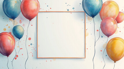 a birthday card or festive event illustration, surrounded by colorful, hand-drawn balloons in a playful pencil color art style. 