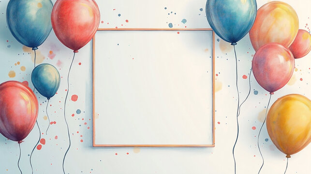 a birthday card or festive event illustration, surrounded by colorful, hand-drawn balloons in a playful pencil color art style. 