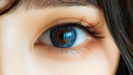 Obraz premium An extreme close-up shot of a beautiful young Asian woman's eye, with her vibrant and colorful contact lens. 