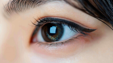 Obraz premium An extreme close-up shot of a beautiful young Asian woman's eye, with her vibrant and colorful contact lens. 