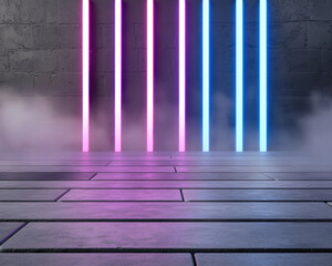 Fototapeta premium High tech digital scene with neon fiber optics, showcasing rapid data flow and vibrant colors. atmosphere is enhanced by fog, creating futuristic ambiance