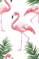 Obraz premium Vibrant pink flamingos surrounded by lush tropical foliage