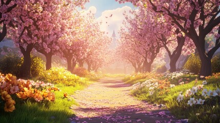 Fototapeta premium Sunlight streaming through a vibrant cherry orchard in spring highlighting blossoming flowers and a serene atmosphere