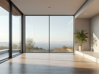 modern apartment interior - Minimalist Modern Living Room with Scenic Nature View Through Large Windows